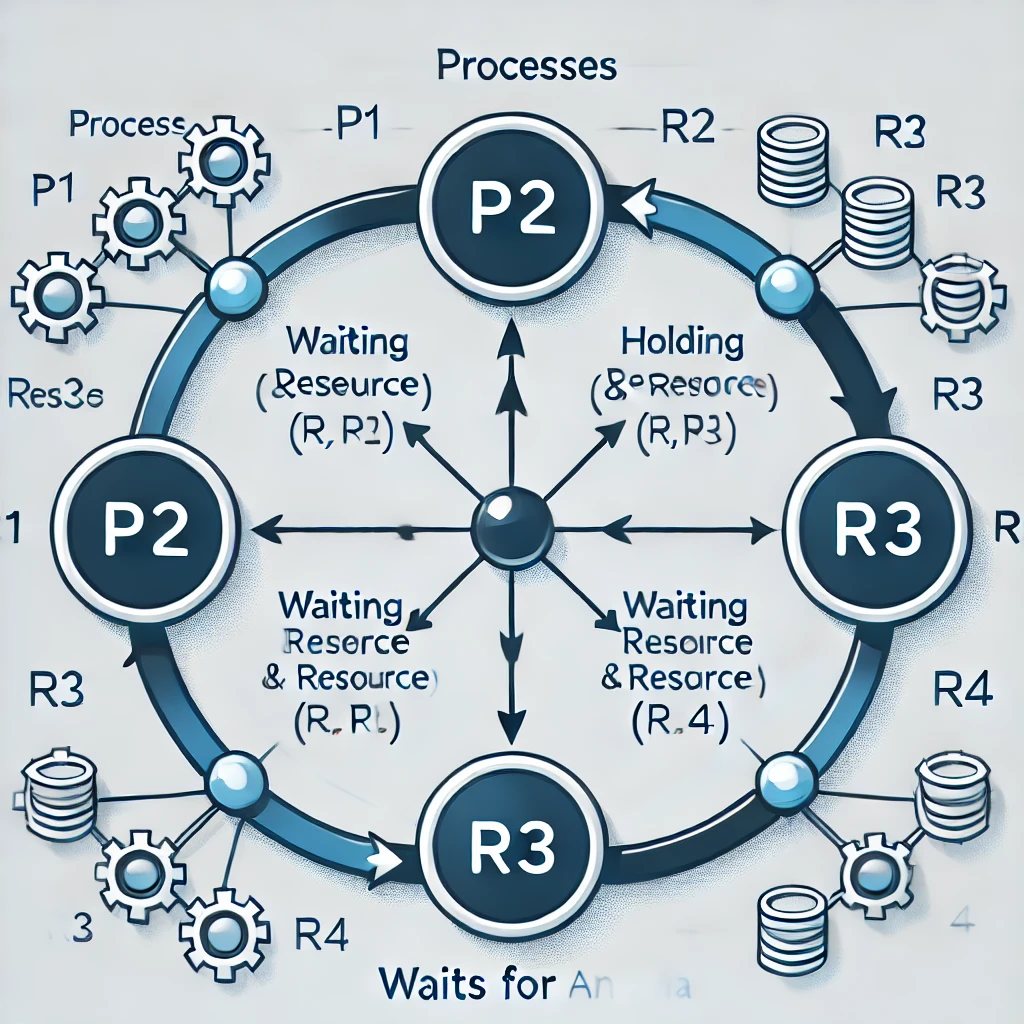 A network graph illustrating a circular dependency among processes and resources.